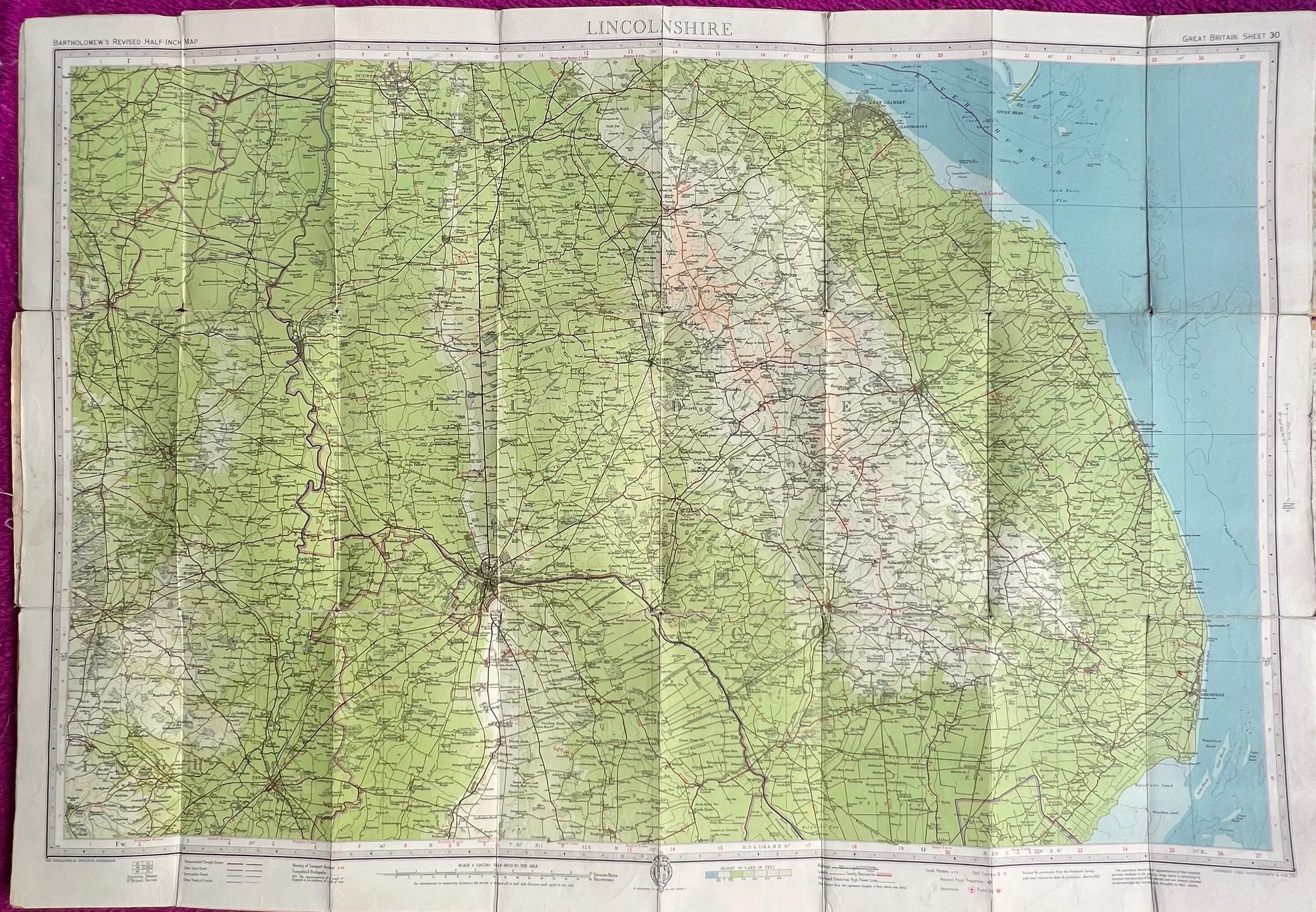 1950s Bartholomew's Map of Lincolnshire Sheet 30 on Cloth