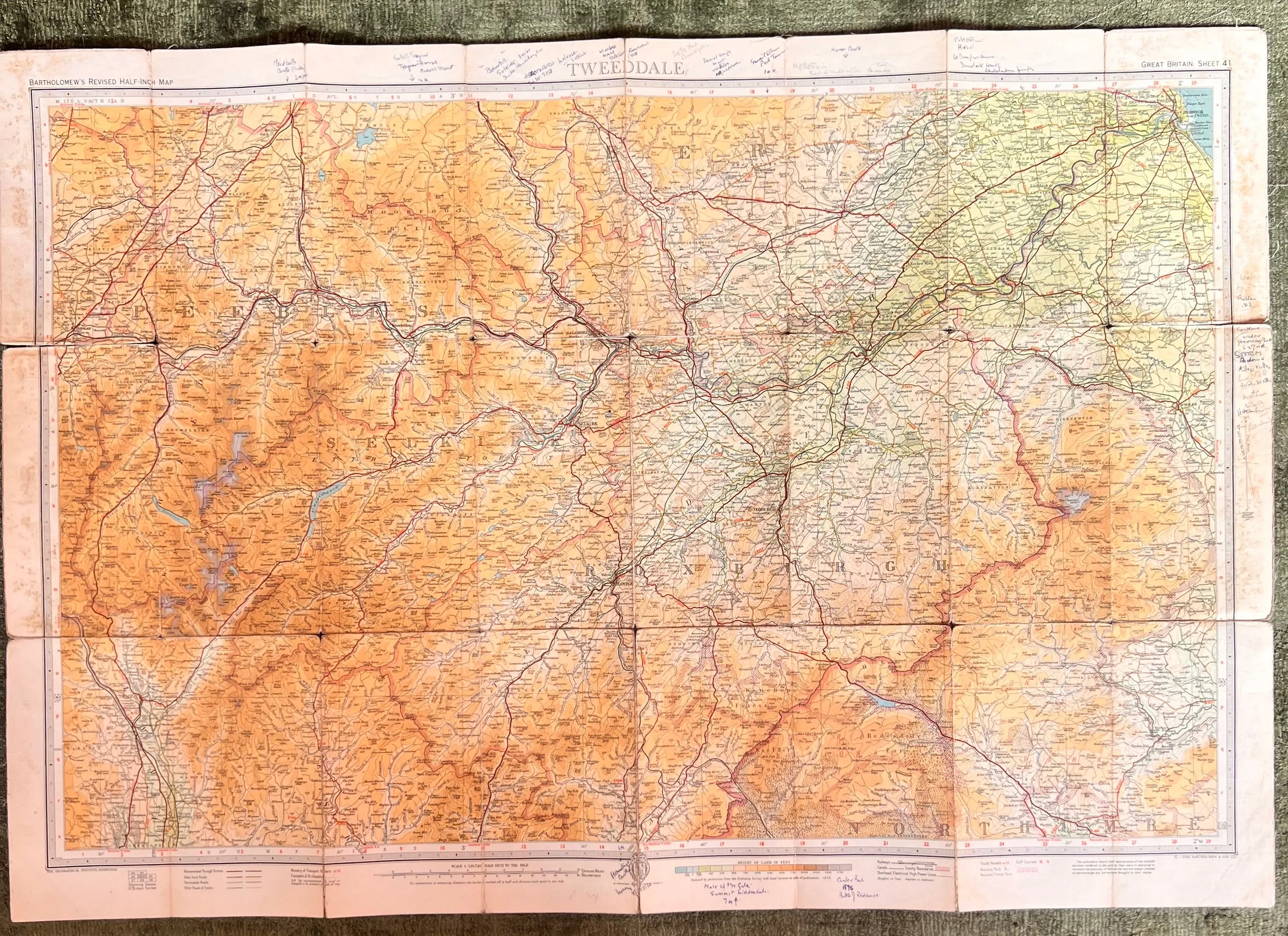 1950s Bartholomew's Map of Tweedale Sheet 41 on Cloth Selkirk, Jedburgh, Hawick