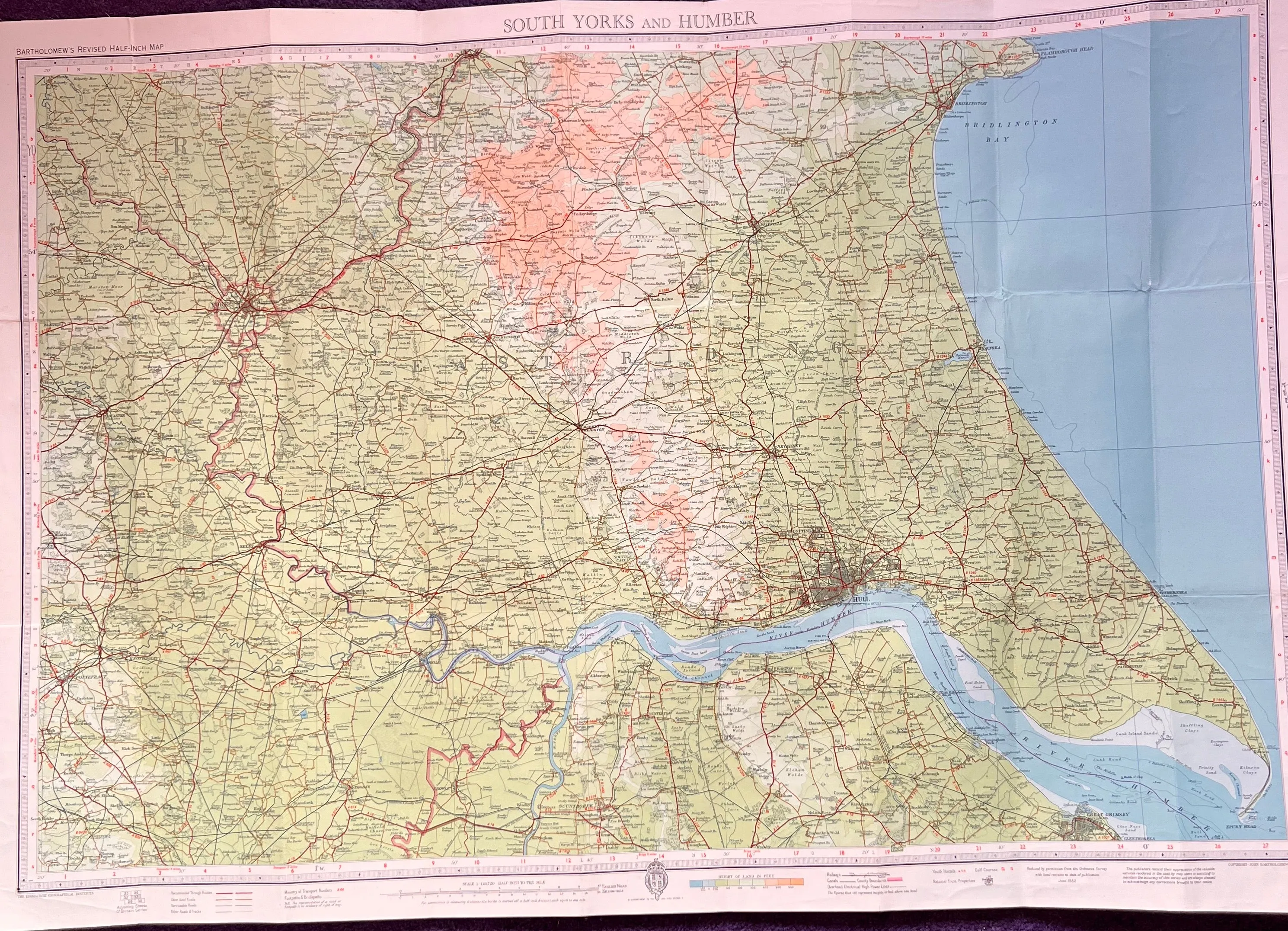 1952 Bartholomew's Map of S YORKS & HUMBER on Cloth