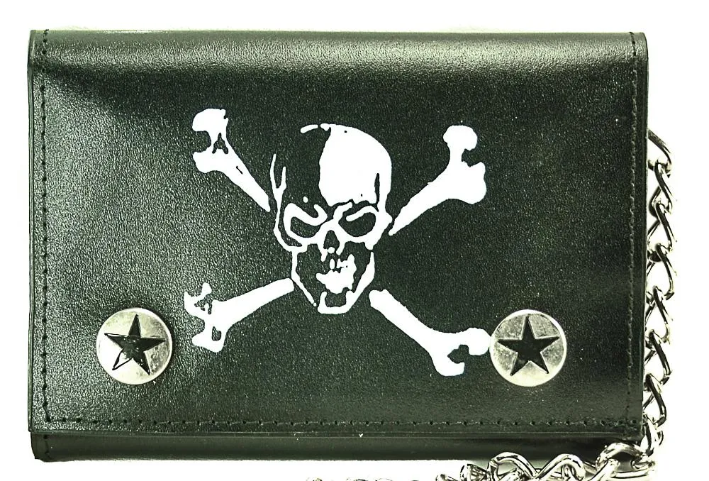 Black Tri Fold Wallet With Skull &Amp; Crossbone Print