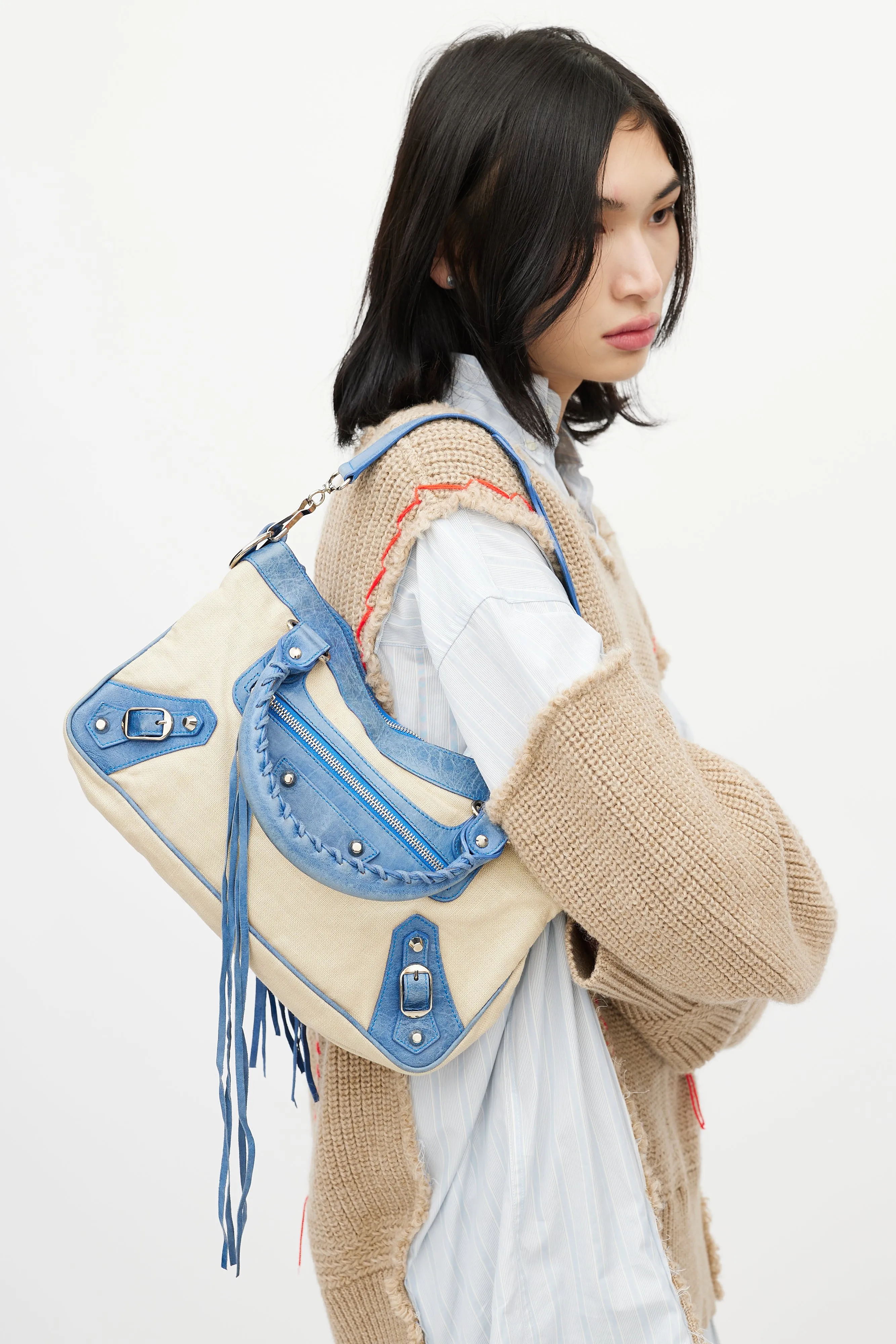 Blue & Beige Linen Motocross First Shoulder Bag