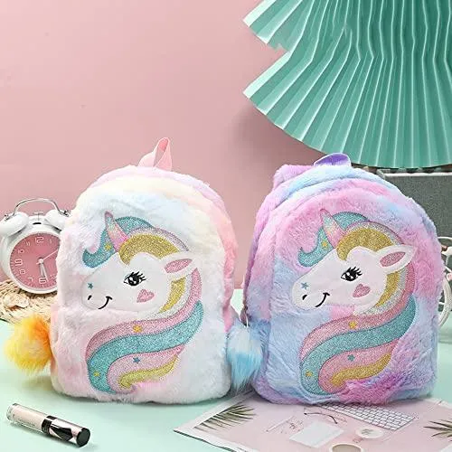 Cute Plush Unicorn Backpack Furry Bookbag for Kids