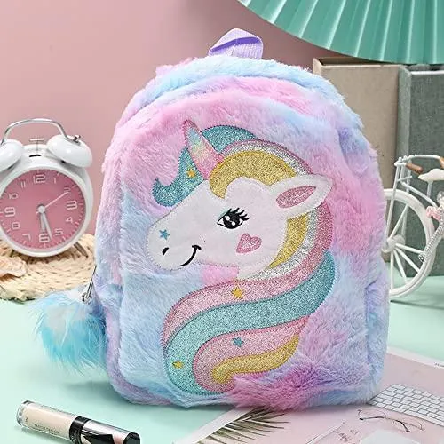 Cute Plush Unicorn Backpack Furry Bookbag for Kids