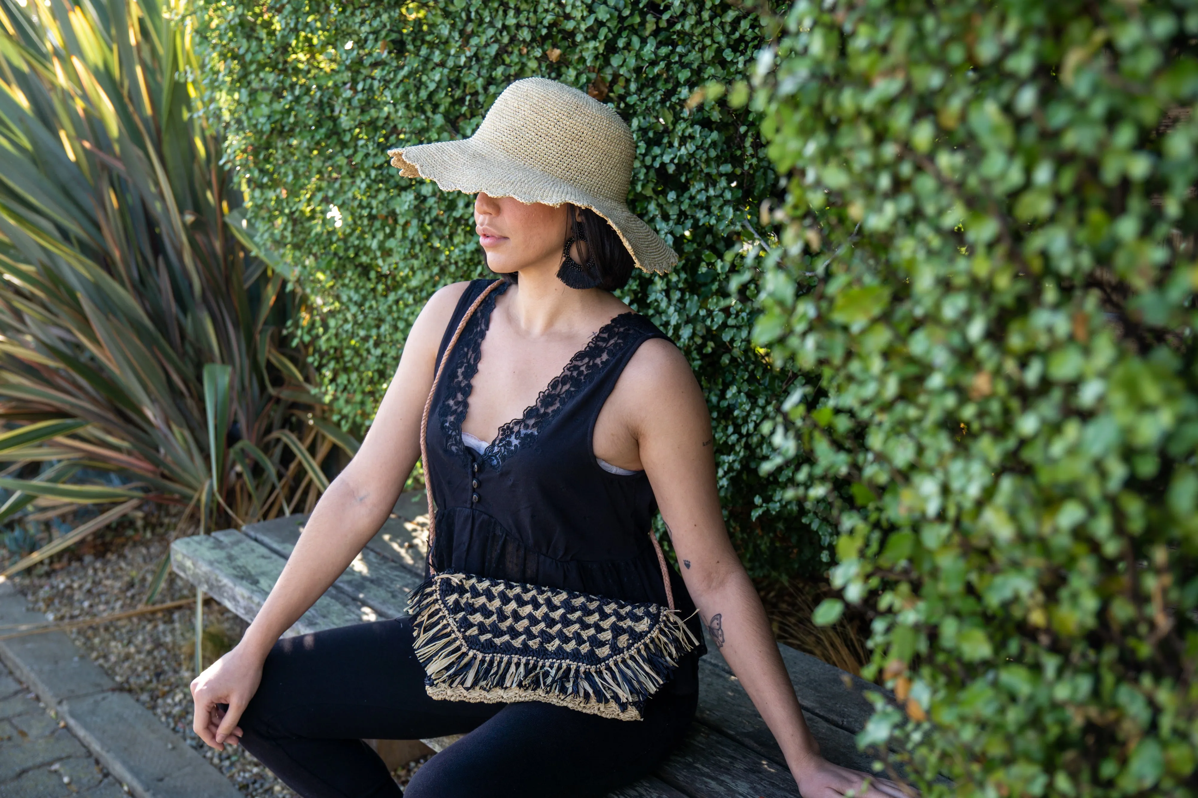 Elsea Crochet Straw Crossbody Bag with Raw Fringe Edge Trim