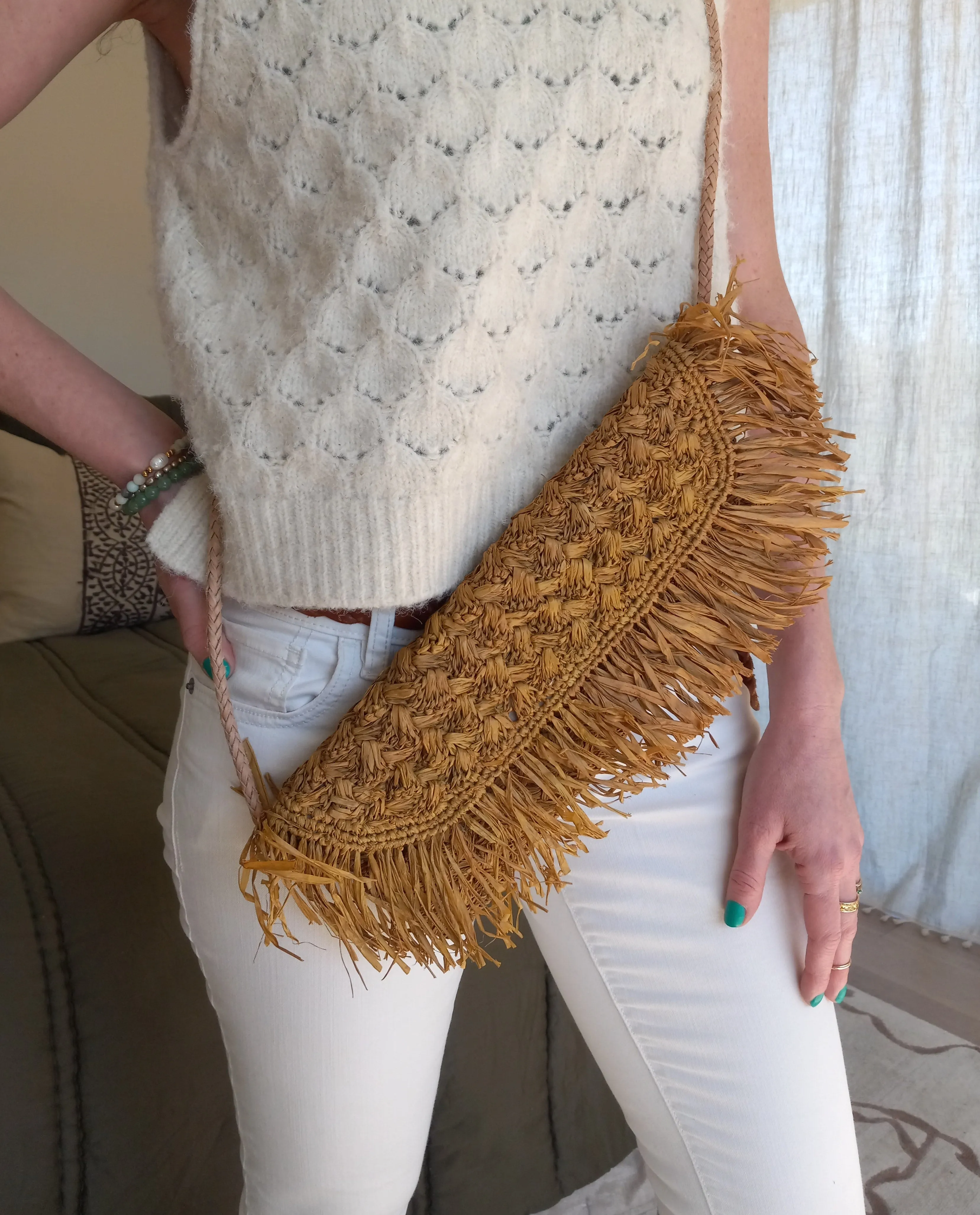 Elsea Crochet Straw Crossbody Bag with Raw Fringe Edge Trim