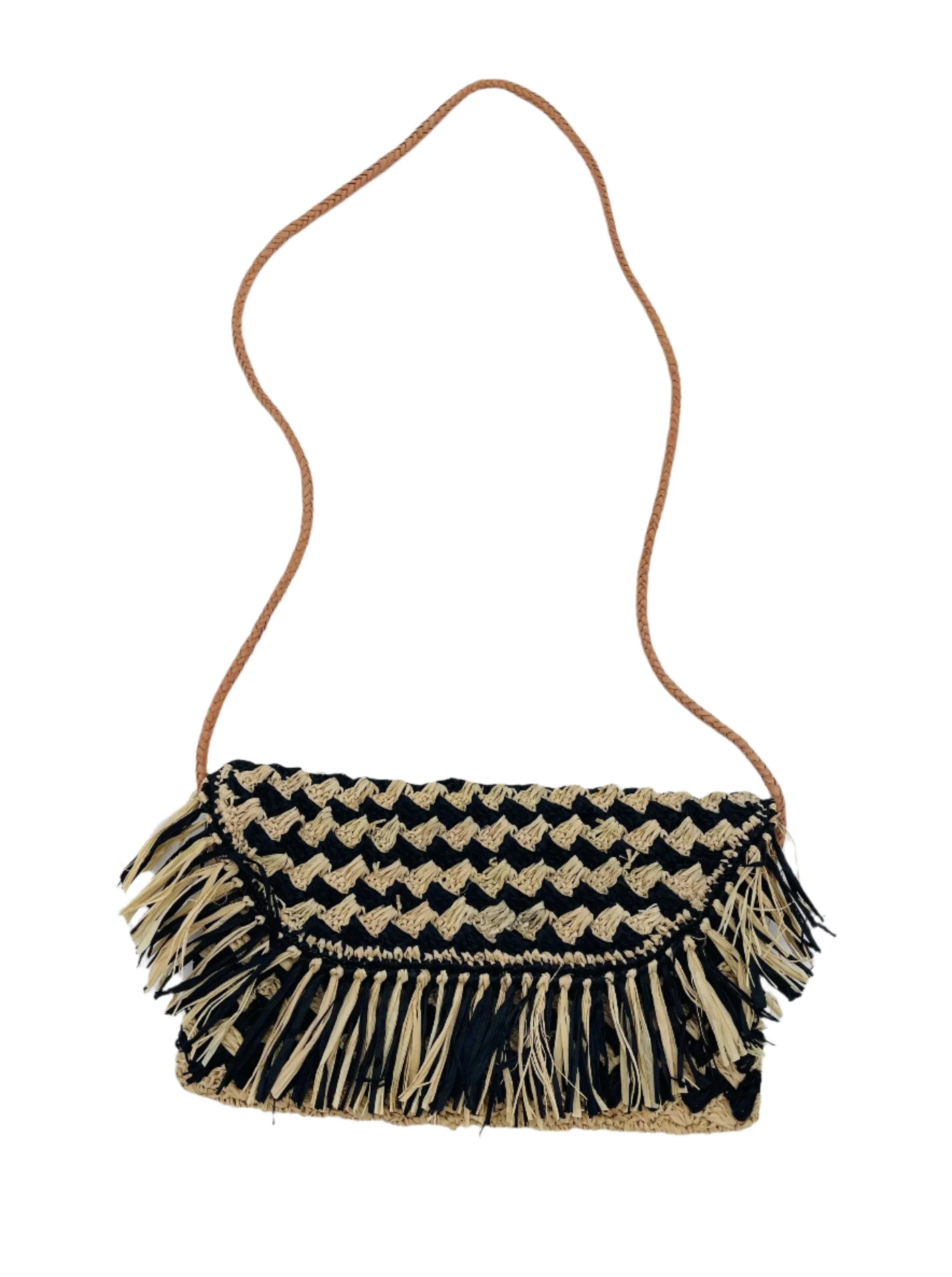 Elsea Crochet Straw Crossbody Bag with Raw Fringe Edge Trim