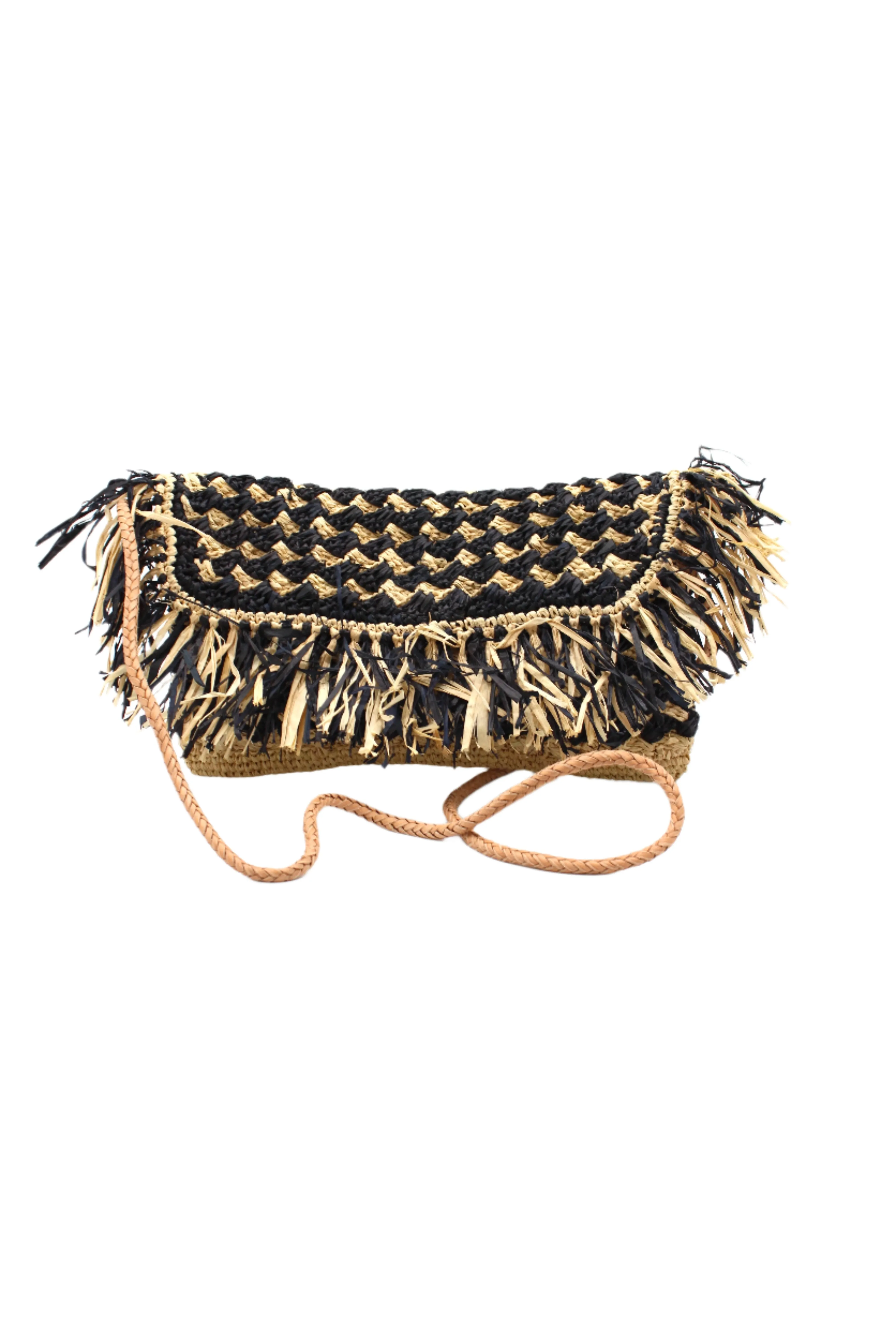 Elsea Crochet Straw Crossbody Bag with Raw Fringe Edge Trim