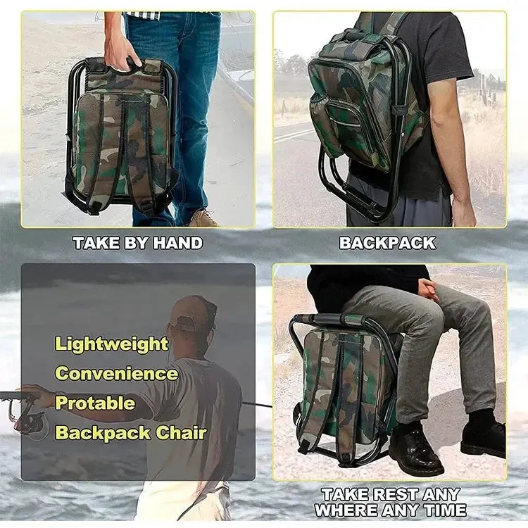 Folding Stool Backpack Insulated Cooler Bag, Collapsible Camping Hunting Fishing Multifunction Chair for Outdoor Events, Hiking