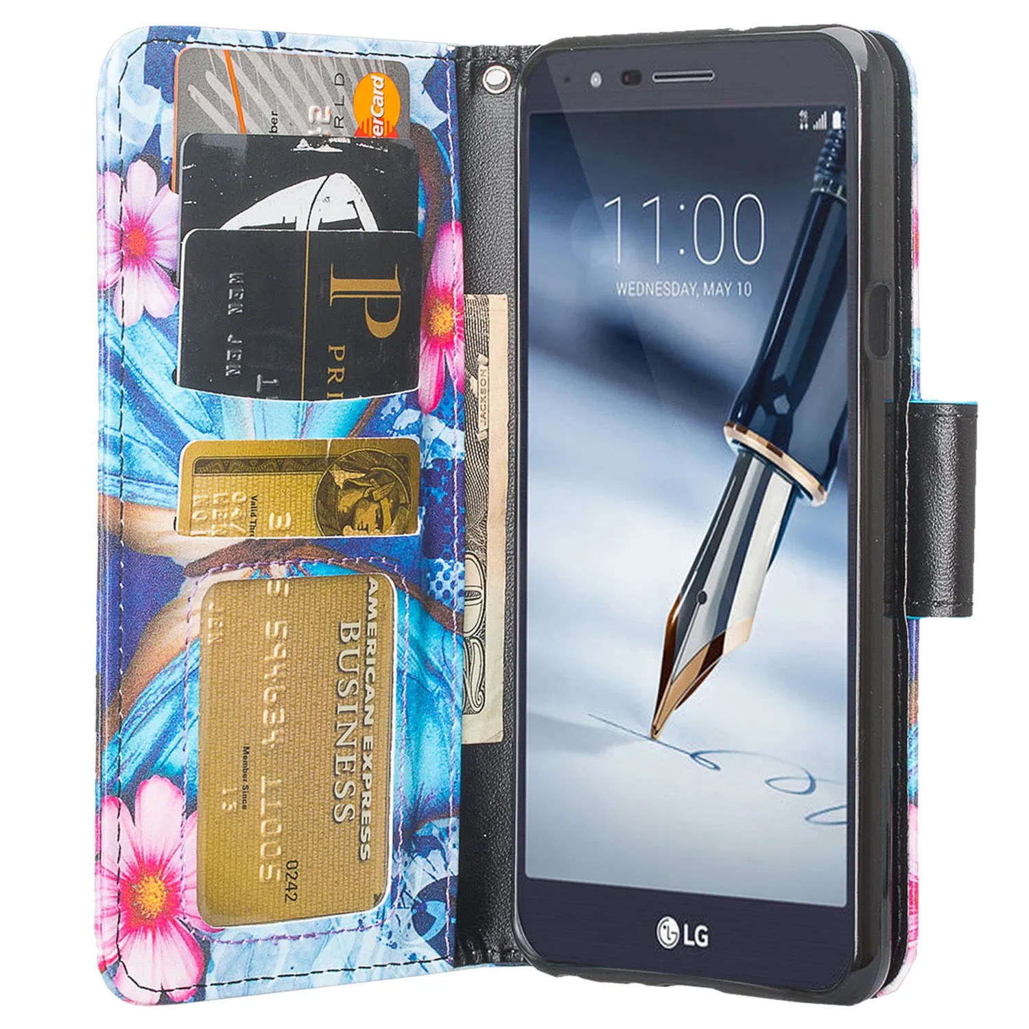 LG K40/Xpression Plus 2/K12 Plus/X4 2019/Harmony 3/LG Solo Wallet Case, Wrist Strap Pu Leather Wallet Case [Kickstand] with ID & Credit Card Slots - Blue Butterfly