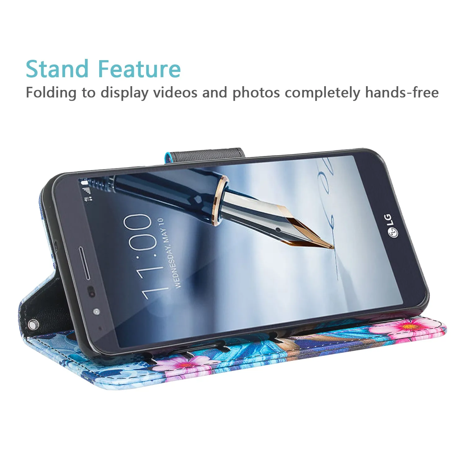LG K40/Xpression Plus 2/K12 Plus/X4 2019/Harmony 3/LG Solo Wallet Case, Wrist Strap Pu Leather Wallet Case [Kickstand] with ID & Credit Card Slots - Blue Butterfly