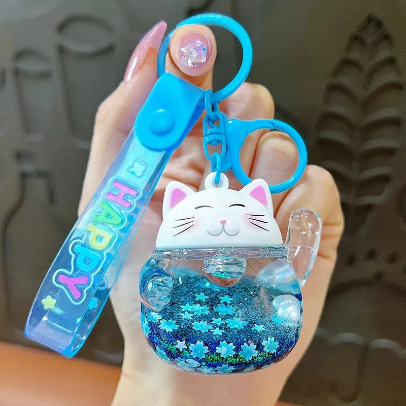 Lucky Cat Sakura Liquid Keychain