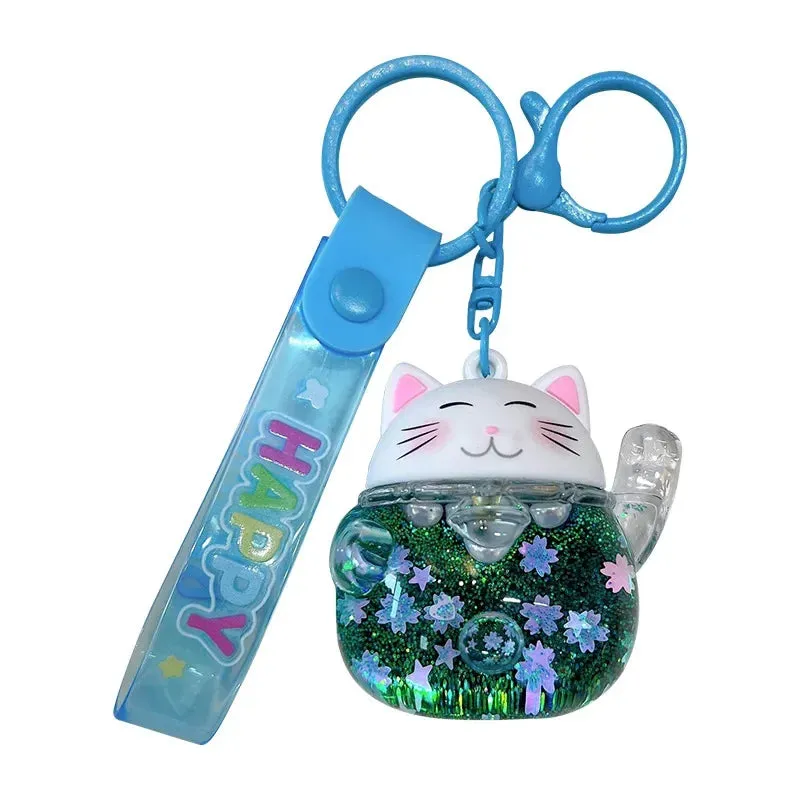 Lucky Cat Sakura Liquid Keychain
