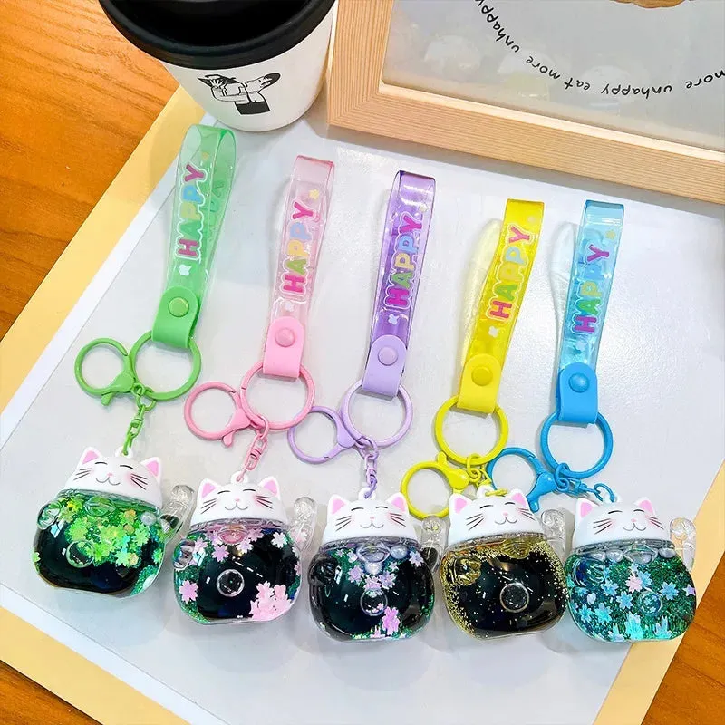 Lucky Cat Sakura Liquid Keychain