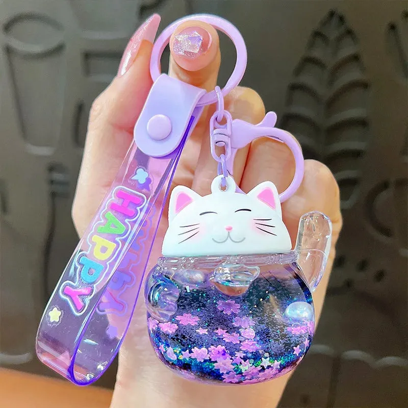 Lucky Cat Sakura Liquid Keychain