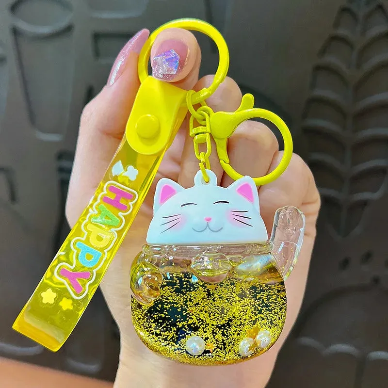 Lucky Cat Sakura Liquid Keychain