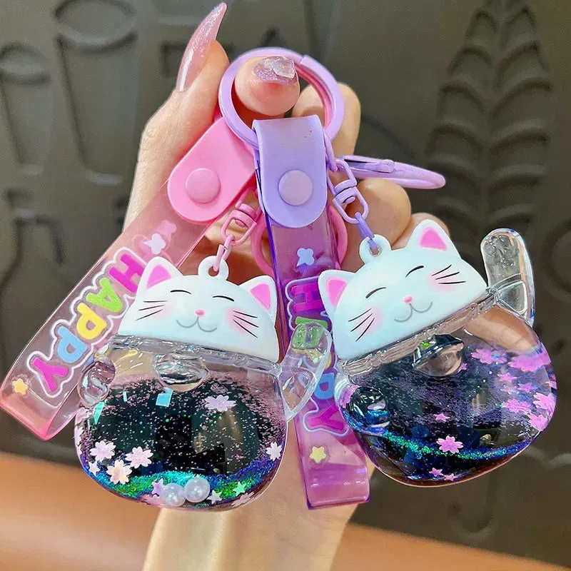 Lucky Cat Sakura Liquid Keychain