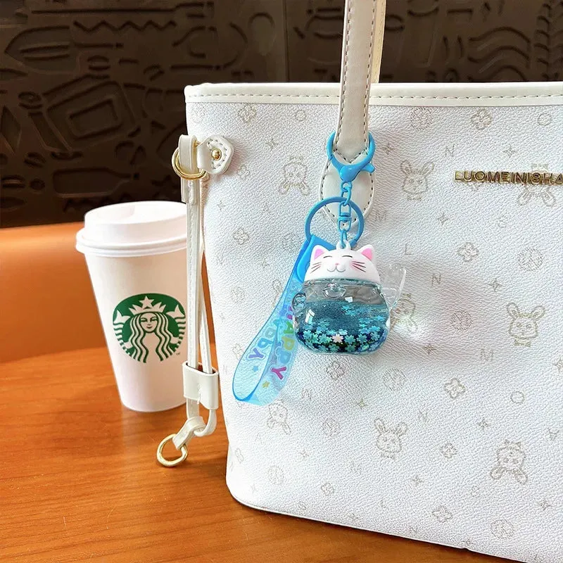 Lucky Cat Sakura Liquid Keychain