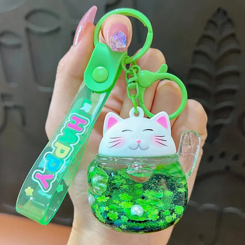 Lucky Cat Sakura Liquid Keychain