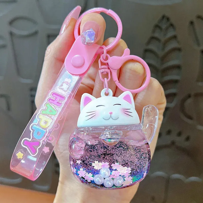 Lucky Cat Sakura Liquid Keychain