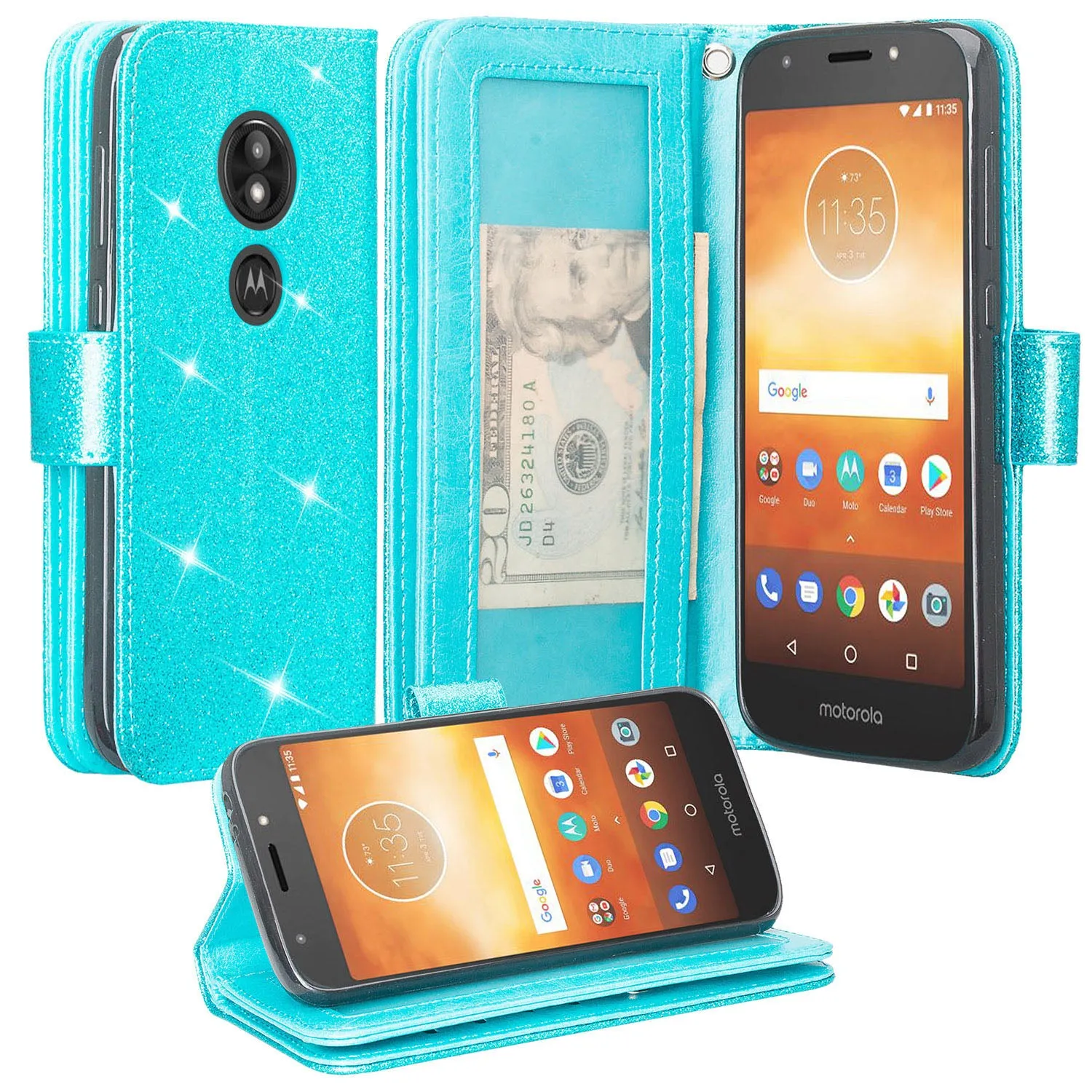 Motorola Moto E5 Plus , e5 Supra Case, [Wrist Strap] Glitter Faux Leather Flip [Kickstand Feature] Protective Wallet Case Cover Clutch - Teal