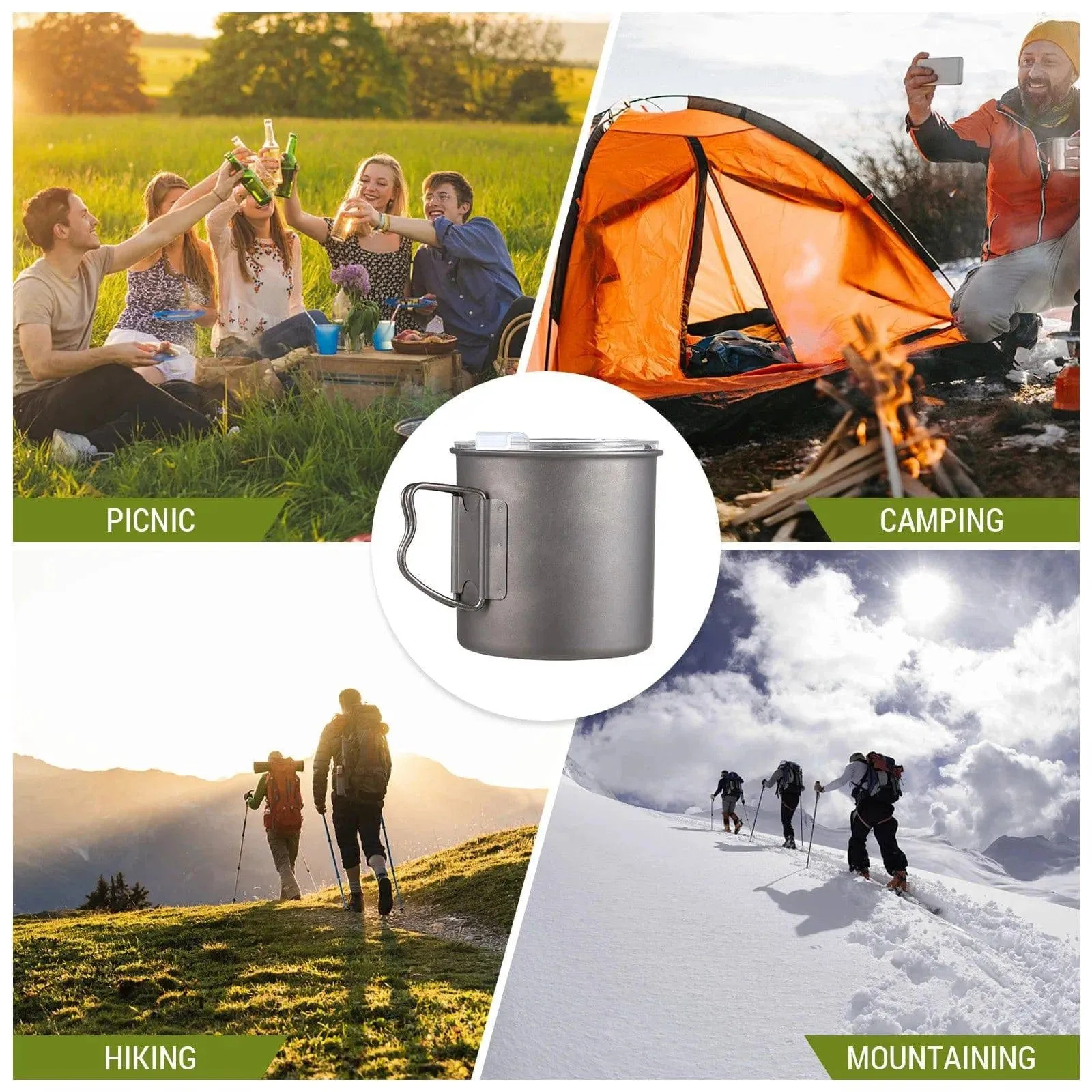 Outdoor 300ml/400ml/600ml Camping Mug Hard Anodized Aluminum Water Cup with Folding Handle and Lid for Outdoor Camping Hiking