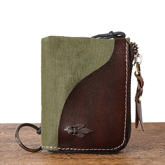 Retro Leather & Canvas Zipper Short Wallets
