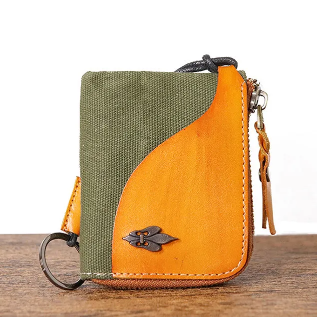 Retro Leather & Canvas Zipper Short Wallets