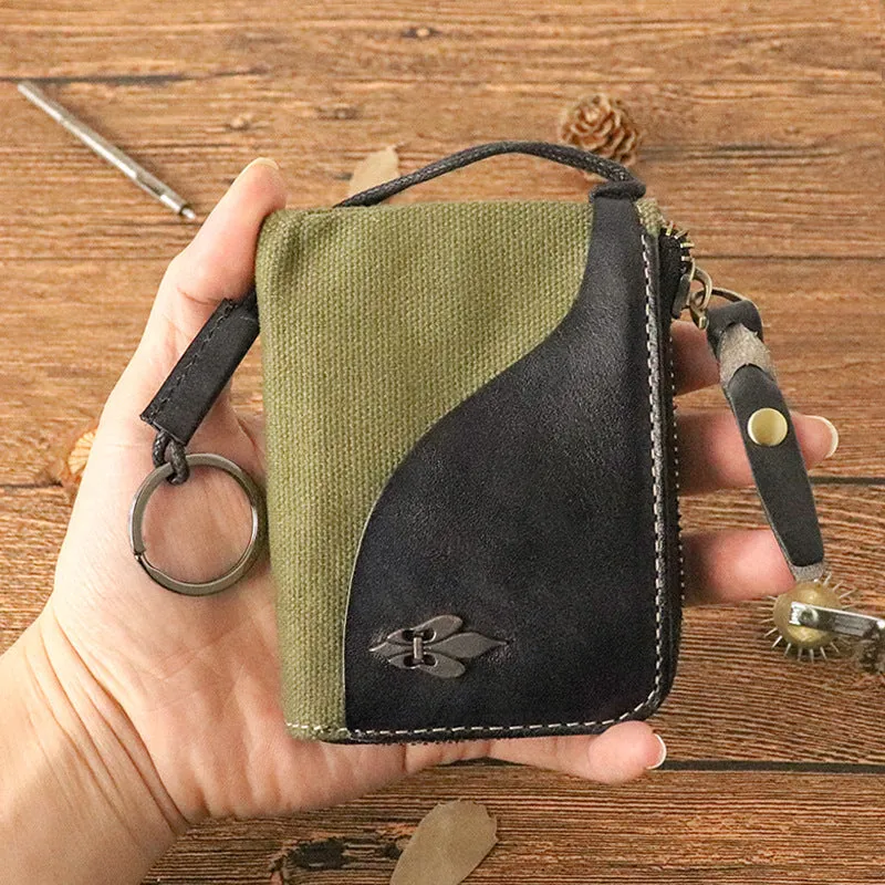 Retro Leather & Canvas Zipper Short Wallets