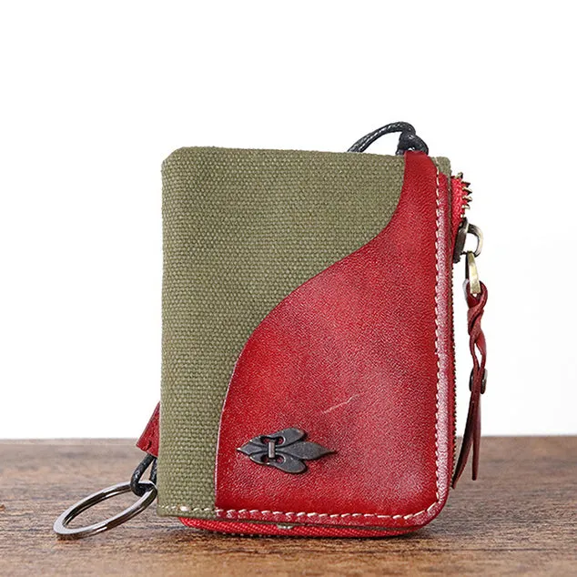 Retro Leather & Canvas Zipper Short Wallets