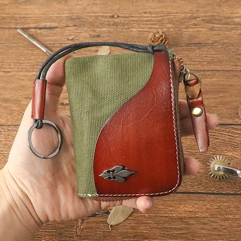 Retro Leather & Canvas Zipper Short Wallets