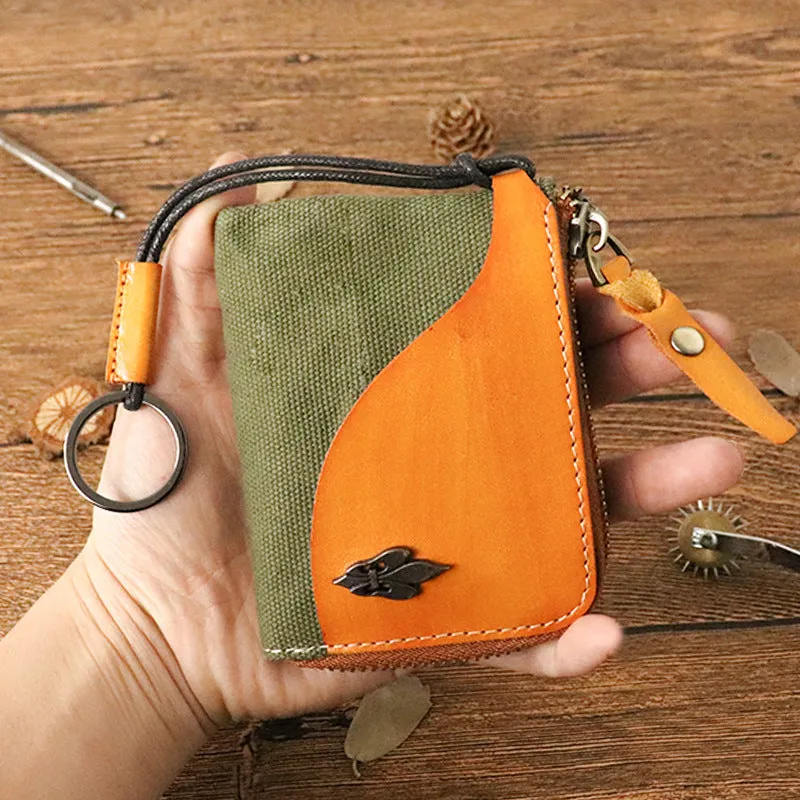 Retro Leather & Canvas Zipper Short Wallets