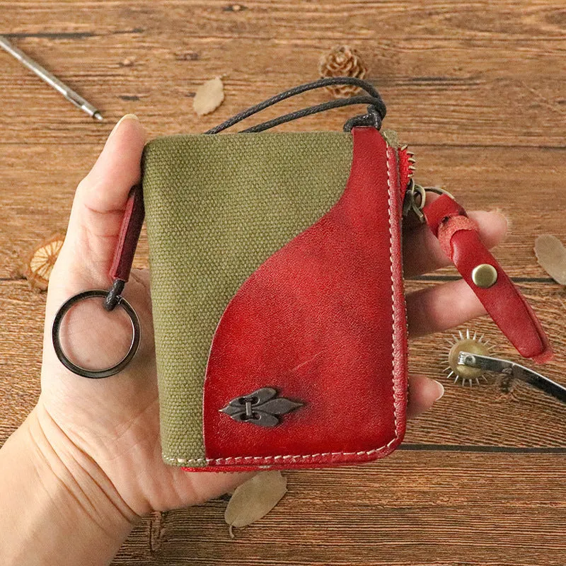 Retro Leather & Canvas Zipper Short Wallets