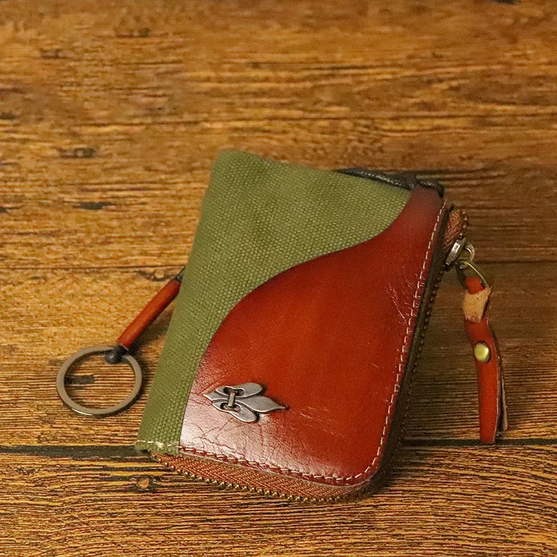 Retro Leather & Canvas Zipper Short Wallets