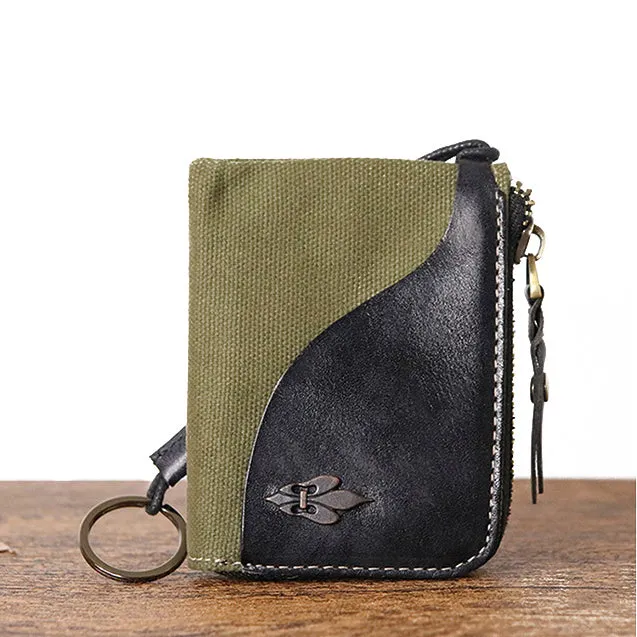 Retro Leather & Canvas Zipper Short Wallets