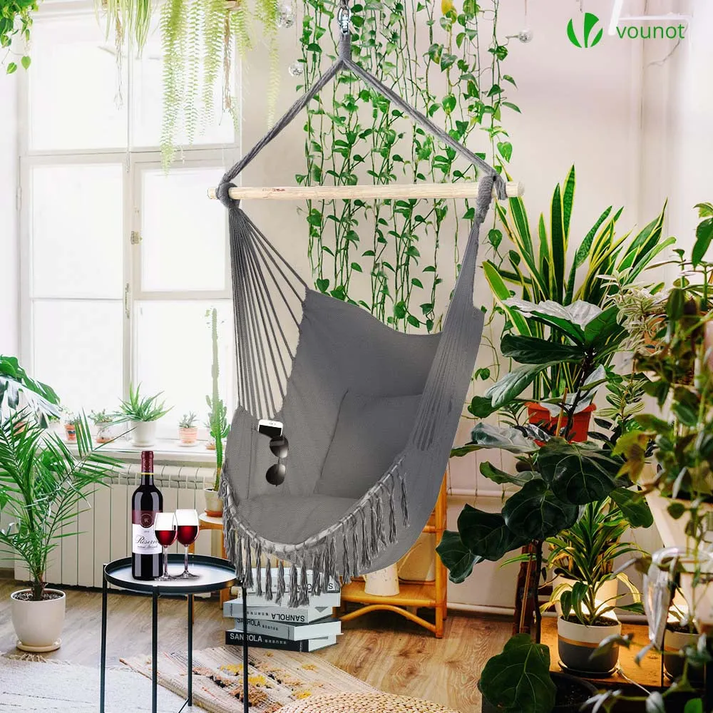 VOUNOT Hanging Hammock Chair with Cushions, Macrame Hammock Swing Chair for Garden, Bedroom, Patio, 265LBS Capacity, Grey