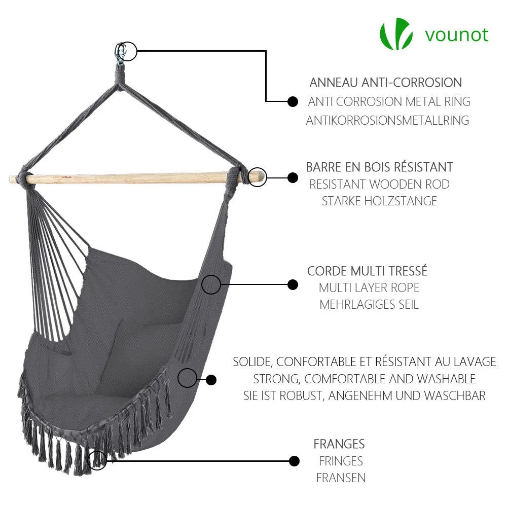 VOUNOT Hanging Hammock Chair with Cushions, Macrame Hammock Swing Chair for Garden, Bedroom, Patio, 265LBS Capacity, Grey